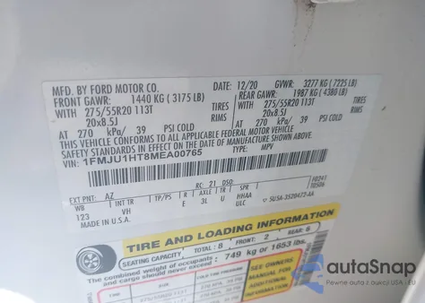 2021 Ford Expedition Xlt z USA, uszkodzony, nr VIN 1FMJU1HT8MEA00765